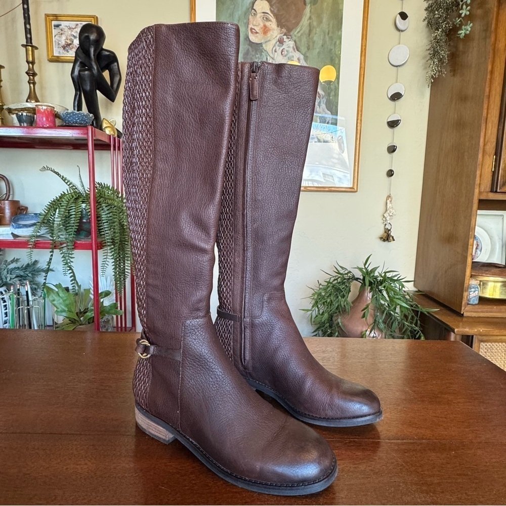 Cole Haan Isabell Stretch Riding Boot Chestnut Brown Leather Low Block Heel | 6 - Picture 3 of 11
